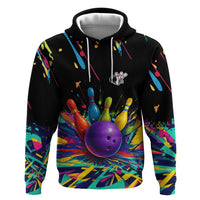 Custom Bowling Strike Design Zip Hoodie Colorful Pins and Purple Ball in Abstract Splatter Art Style - Wonder Print Shop
