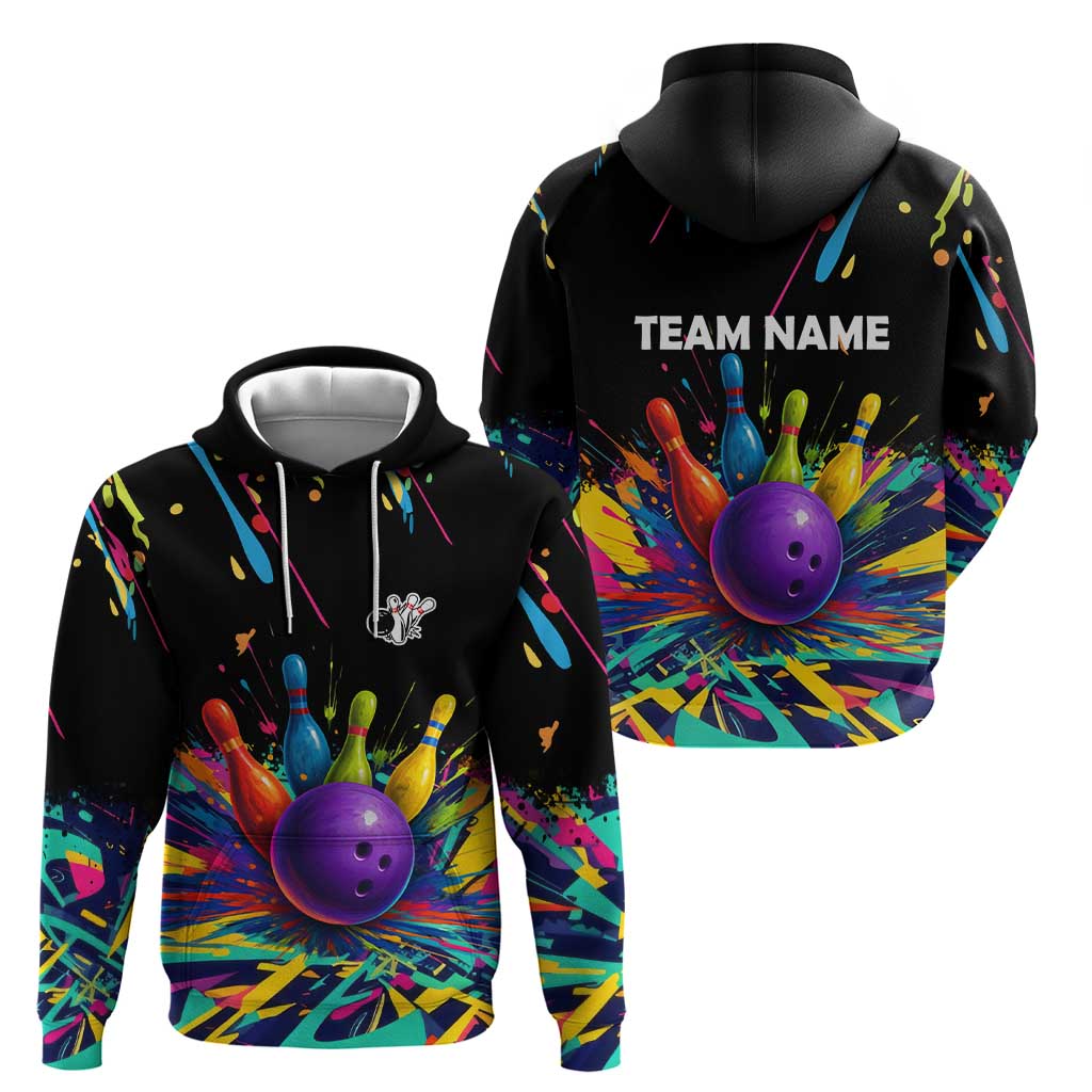 Custom Bowling Strike Design Zip Hoodie Colorful Pins and Purple Ball in Abstract Splatter Art Style - Wonder Print Shop