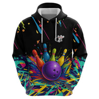 Custom Bowling Strike Design Zip Hoodie Colorful Pins and Purple Ball in Abstract Splatter Art Style - Wonder Print Shop