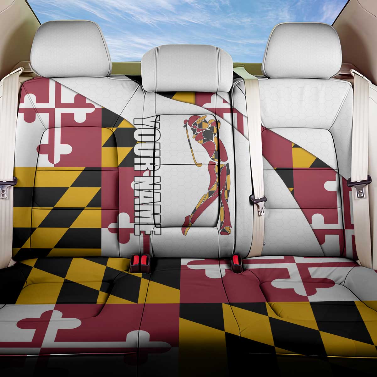 Golf Player Silhouette Back Car Seat Cover Maryland Flag Pattern and Custom Name Panel Design - Wonder Print Shop