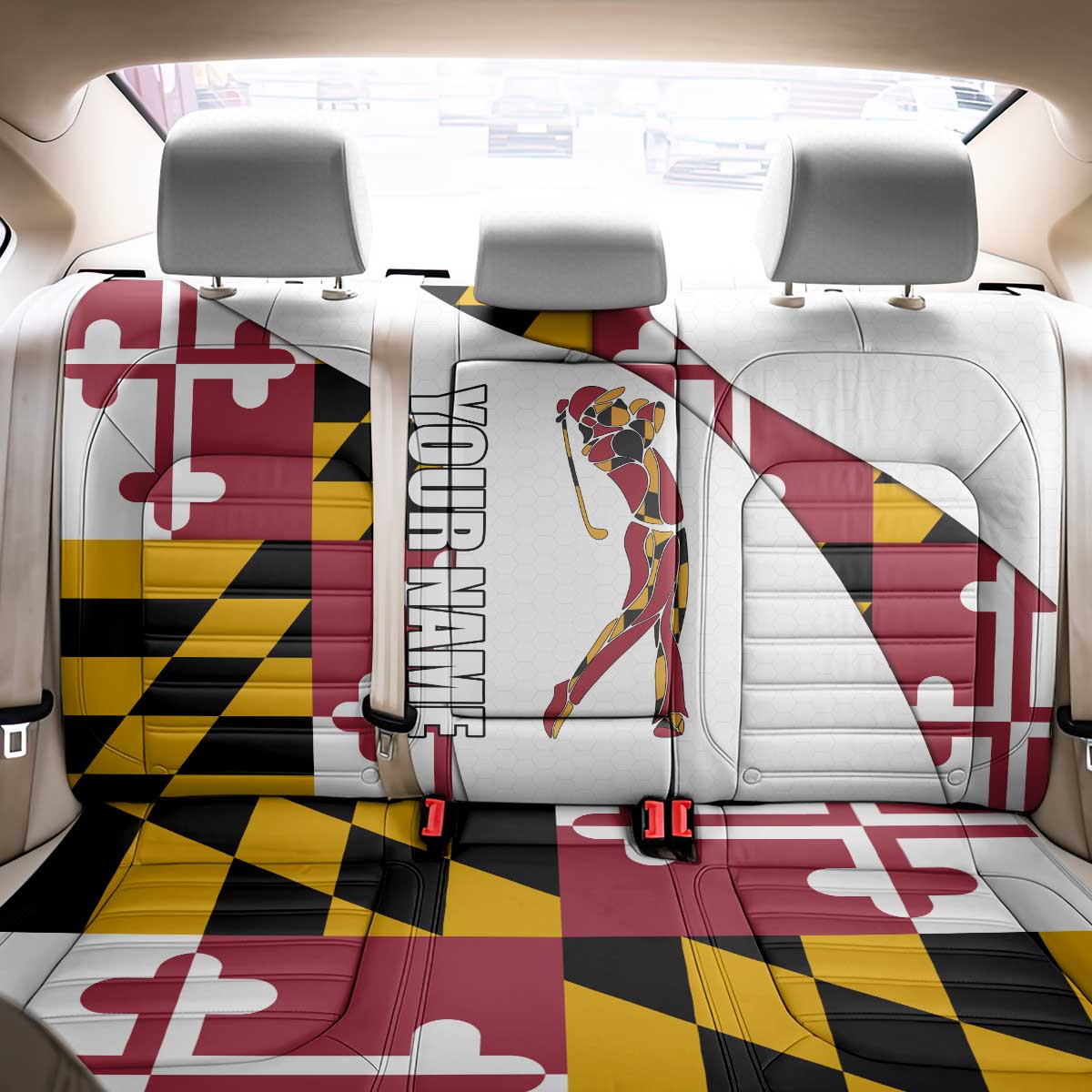 Golf Player Silhouette Back Car Seat Cover Maryland Flag Pattern and Custom Name Panel Design - Wonder Print Shop