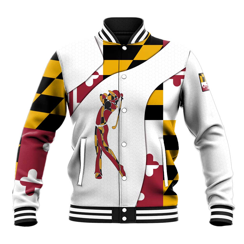 Golf Player Silhouette Baseball Jacket Maryland Flag Pattern and Custom Name Panel Design - Wonder Print Shop