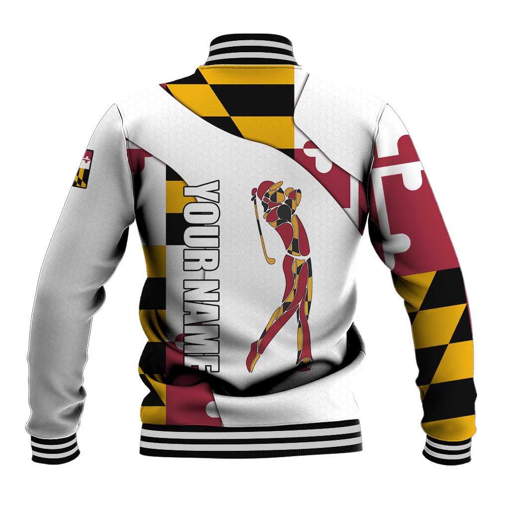 Golf Player Silhouette Baseball Jacket Maryland Flag Pattern and Custom Name Panel Design - Wonder Print Shop