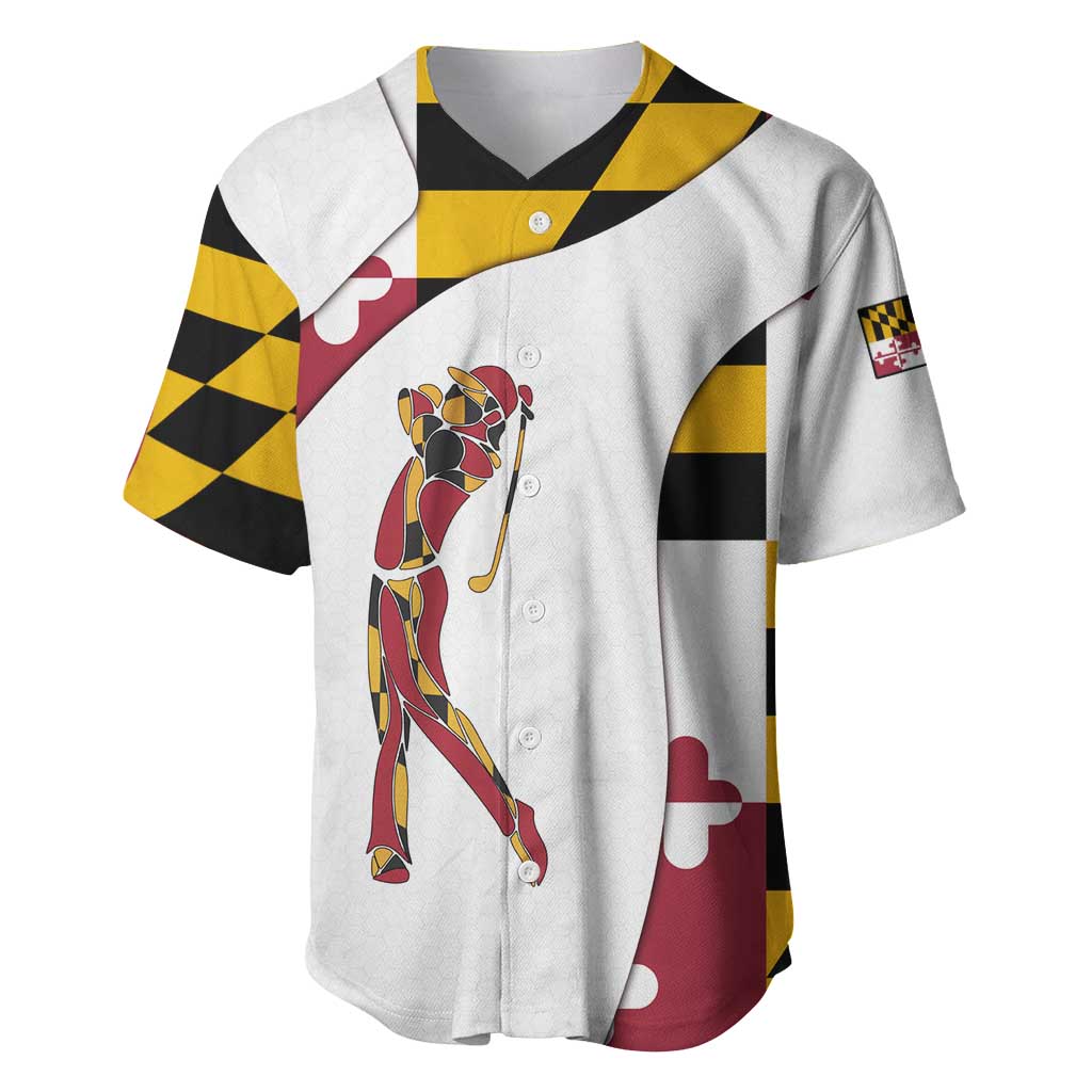 Golf Player Silhouette Baseball Jersey Maryland Flag Pattern and Custom Name Panel Design - Wonder Print Shop
