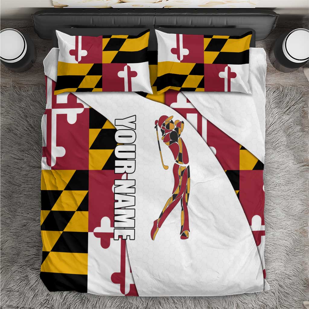 Golf Player Silhouette Bedding Set Maryland Flag Pattern and Custom Name Panel Design - Wonder Print Shop