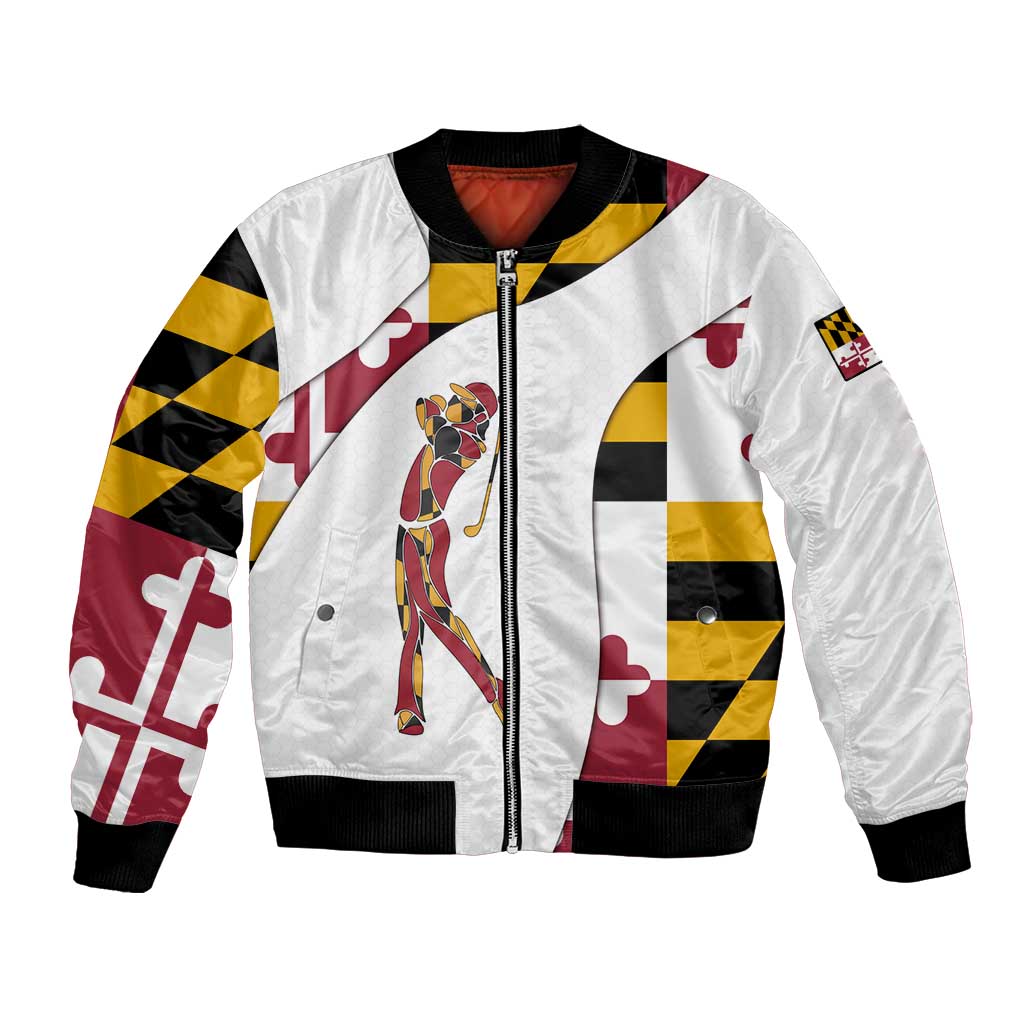 Golf Player Silhouette Bomber Jacket Maryland Flag Pattern and Custom Name Panel Design - Wonder Print Shop