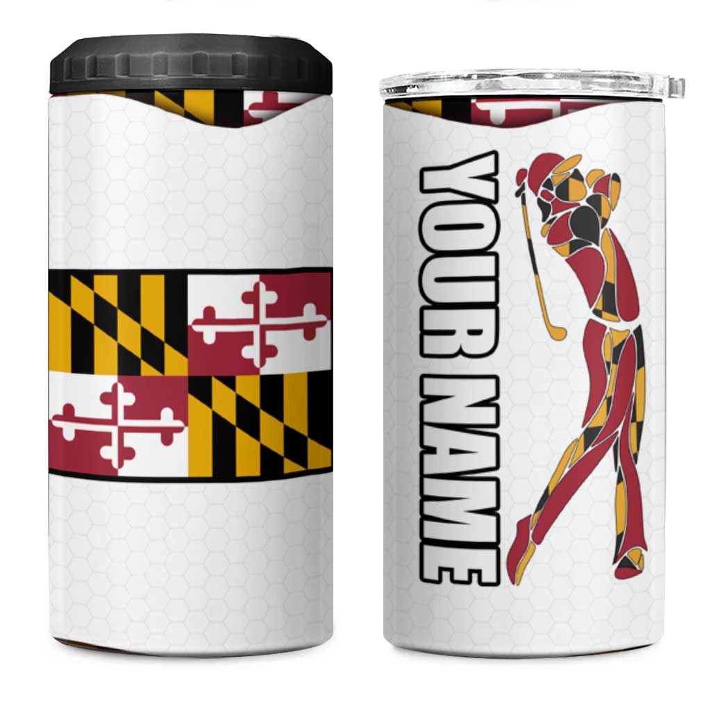 Golf Player Silhouette 4 in 1 Can Cooler Tumbler Maryland Flag Pattern and Custom Name Panel Design - Wonder Print Shop