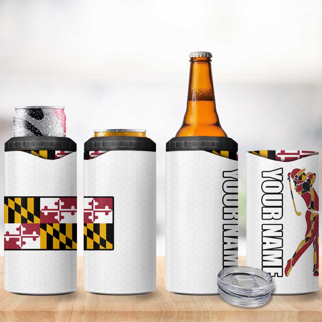Golf Player Silhouette 4 in 1 Can Cooler Tumbler Maryland Flag Pattern and Custom Name Panel Design - Wonder Print Shop
