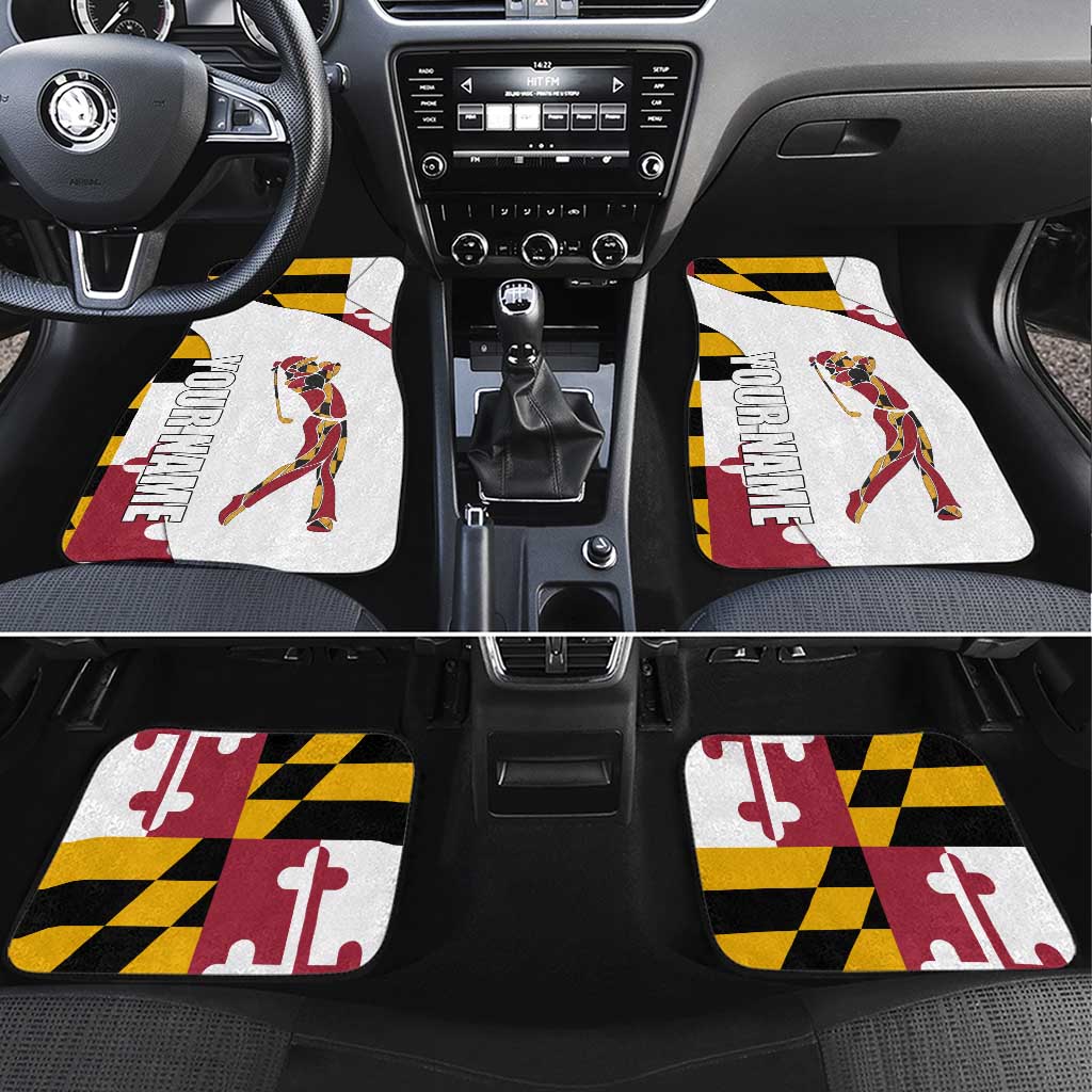 Golf Player Silhouette Car Mats Maryland Flag Pattern and Custom Name Panel Design - Wonder Print Shop