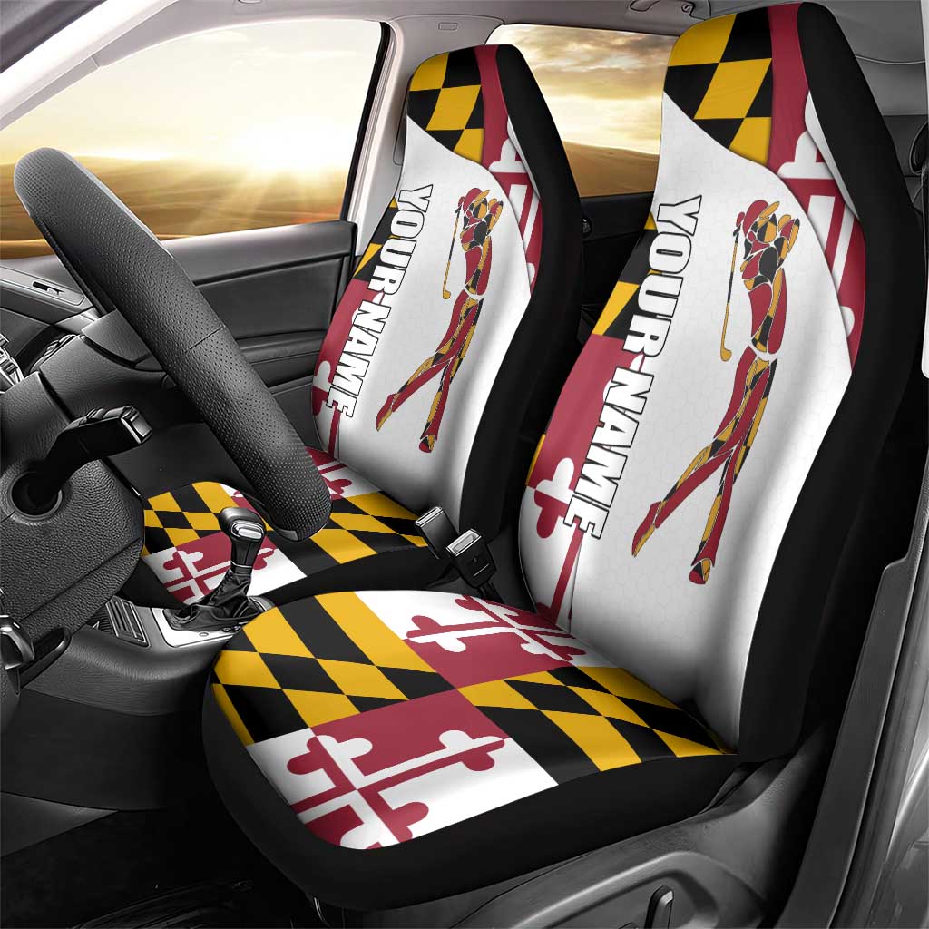 Golf Player Silhouette Car Seat Cover Maryland Flag Pattern and Custom Name Panel Design - Wonder Print Shop