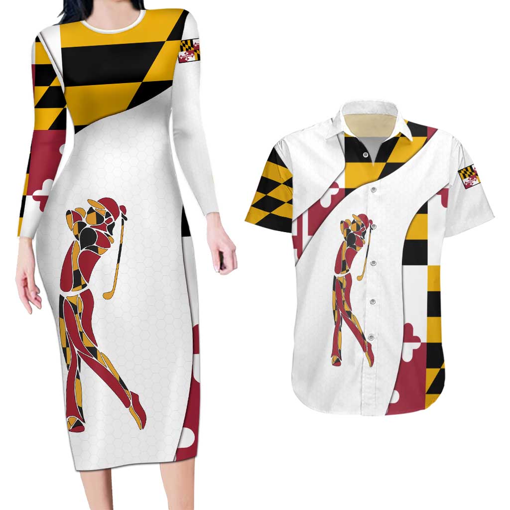 Golf Player Silhouette Couples Matching Long Sleeve Bodycon Dress and Hawaiian Shirt Maryland Flag Pattern and Custom Name Panel Design - Wonder Print Shop