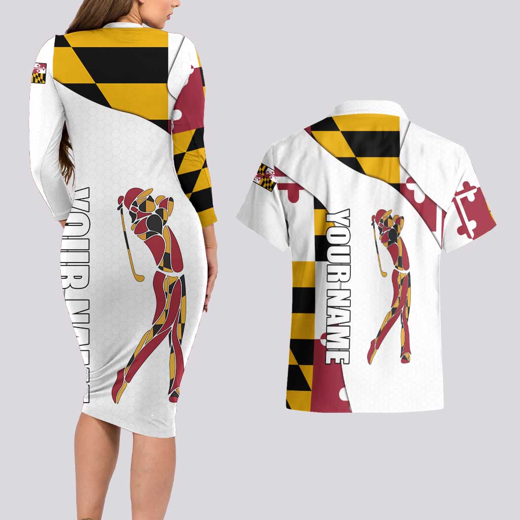 Golf Player Silhouette Couples Matching Long Sleeve Bodycon Dress and Hawaiian Shirt Maryland Flag Pattern and Custom Name Panel Design - Wonder Print Shop