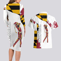 Golf Player Silhouette Couples Matching Long Sleeve Bodycon Dress and Hawaiian Shirt Maryland Flag Pattern and Custom Name Panel Design - Wonder Print Shop