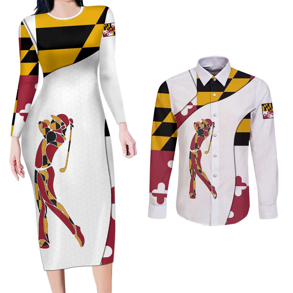 Golf Player Silhouette Couples Matching Long Sleeve Bodycon Dress and Long Sleeve Button Shirt Maryland Flag Pattern and Custom Name Panel Design - Wonder Print Shop