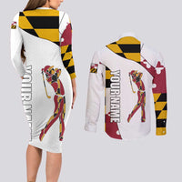 Golf Player Silhouette Couples Matching Long Sleeve Bodycon Dress and Long Sleeve Button Shirt Maryland Flag Pattern and Custom Name Panel Design - Wonder Print Shop