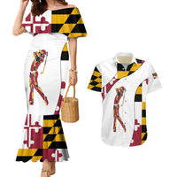 Golf Player Silhouette Couples Matching Mermaid Dress and Hawaiian Shirt Maryland Flag Pattern and Custom Name Panel Design - Wonder Print Shop