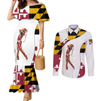 Golf Player Silhouette Couples Matching Mermaid Dress and Long Sleeve Button Shirt Maryland Flag Pattern and Custom Name Panel Design - Wonder Print Shop