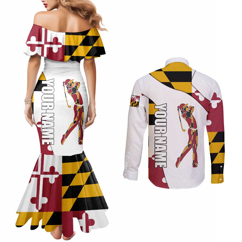 Golf Player Silhouette Couples Matching Mermaid Dress and Long Sleeve Button Shirt Maryland Flag Pattern and Custom Name Panel Design - Wonder Print Shop