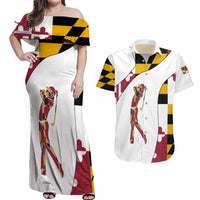 Golf Player Silhouette Couples Matching Off Shoulder Maxi Dress and Hawaiian Shirt Maryland Flag Pattern and Custom Name Panel Design - Wonder Print Shop
