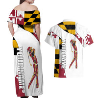 Golf Player Silhouette Couples Matching Off Shoulder Maxi Dress and Hawaiian Shirt Maryland Flag Pattern and Custom Name Panel Design - Wonder Print Shop