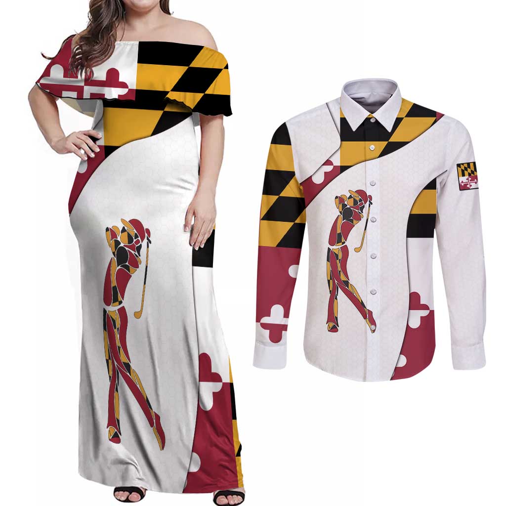 Golf Player Silhouette Couples Matching Off Shoulder Maxi Dress and Long Sleeve Button Shirt Maryland Flag Pattern and Custom Name Panel Design - Wonder Print Shop