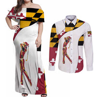 Golf Player Silhouette Couples Matching Off Shoulder Maxi Dress and Long Sleeve Button Shirt Maryland Flag Pattern and Custom Name Panel Design - Wonder Print Shop