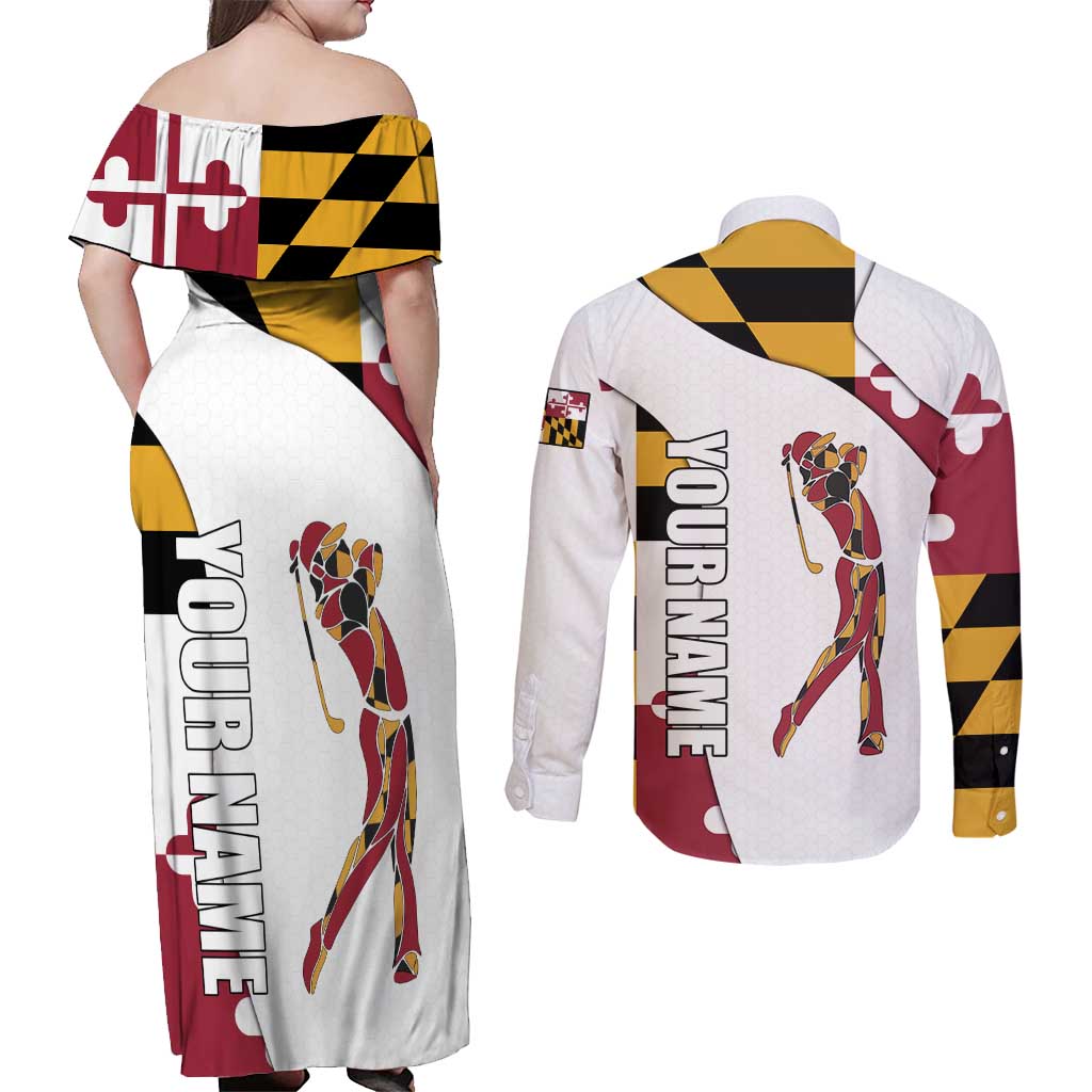 Golf Player Silhouette Couples Matching Off Shoulder Maxi Dress and Long Sleeve Button Shirt Maryland Flag Pattern and Custom Name Panel Design - Wonder Print Shop
