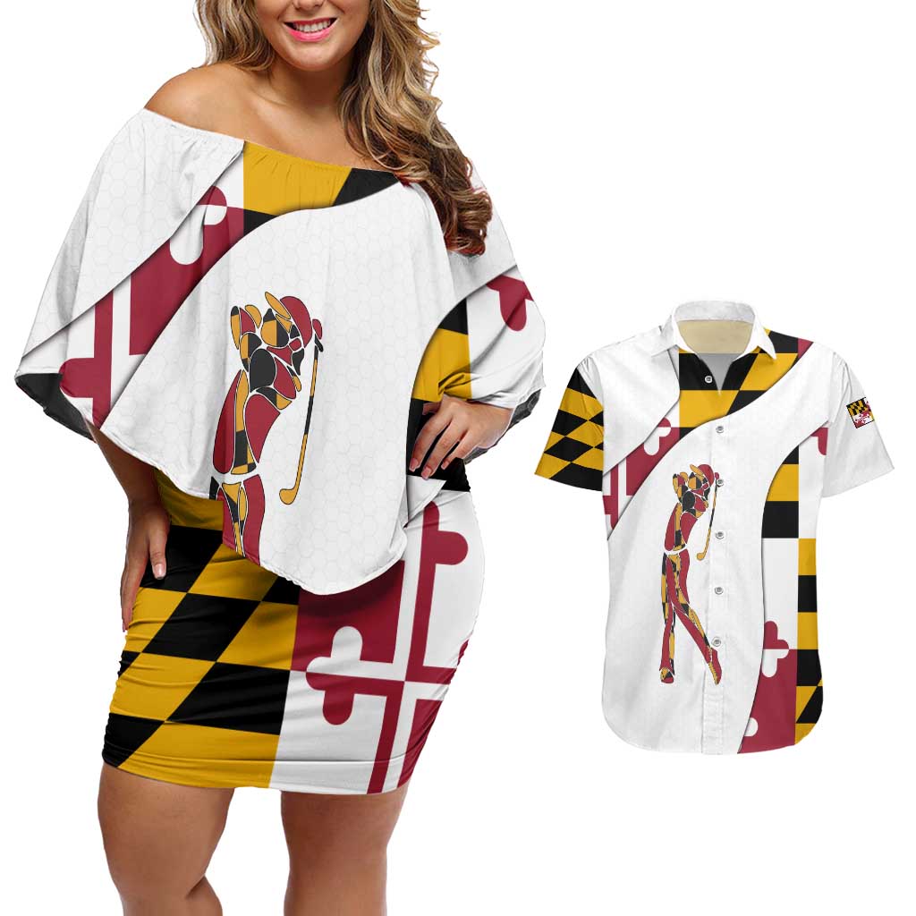 Golf Player Silhouette Couples Matching Off Shoulder Short Dress and Hawaiian Shirt Maryland Flag Pattern and Custom Name Panel Design - Wonder Print Shop
