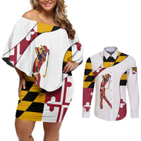 Golf Player Silhouette Couples Matching Off Shoulder Short Dress and Long Sleeve Button Shirt Maryland Flag Pattern and Custom Name Panel Design - Wonder Print Shop