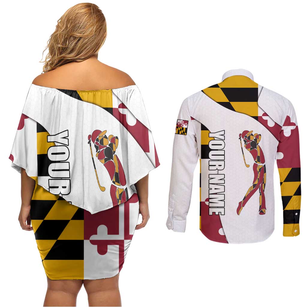Golf Player Silhouette Couples Matching Off Shoulder Short Dress and Long Sleeve Button Shirt Maryland Flag Pattern and Custom Name Panel Design - Wonder Print Shop