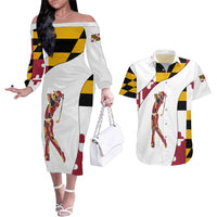 Golf Player Silhouette Couples Matching Off The Shoulder Long Sleeve Dress and Hawaiian Shirt Maryland Flag Pattern and Custom Name Panel Design - Wonder Print Shop