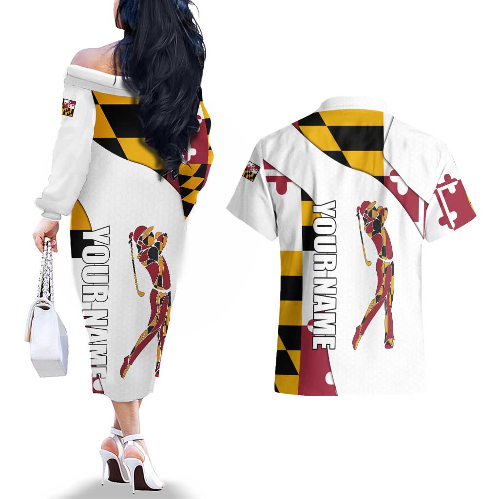 Golf Player Silhouette Couples Matching Off The Shoulder Long Sleeve Dress and Hawaiian Shirt Maryland Flag Pattern and Custom Name Panel Design - Wonder Print Shop