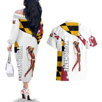 Golf Player Silhouette Couples Matching Off The Shoulder Long Sleeve Dress and Hawaiian Shirt Maryland Flag Pattern and Custom Name Panel Design - Wonder Print Shop