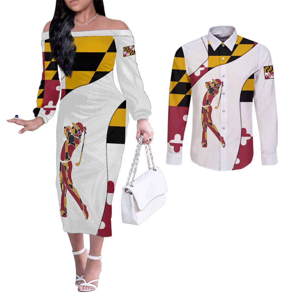 Golf Player Silhouette Couples Matching Off The Shoulder Long Sleeve Dress and Long Sleeve Button Shirt Maryland Flag Pattern and Custom Name Panel Design - Wonder Print Shop