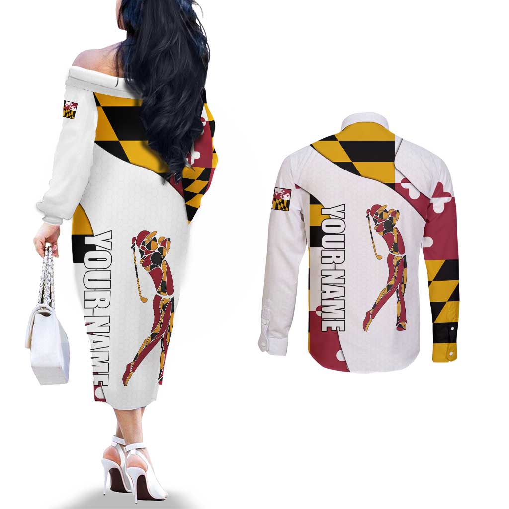 Golf Player Silhouette Couples Matching Off The Shoulder Long Sleeve Dress and Long Sleeve Button Shirt Maryland Flag Pattern and Custom Name Panel Design - Wonder Print Shop