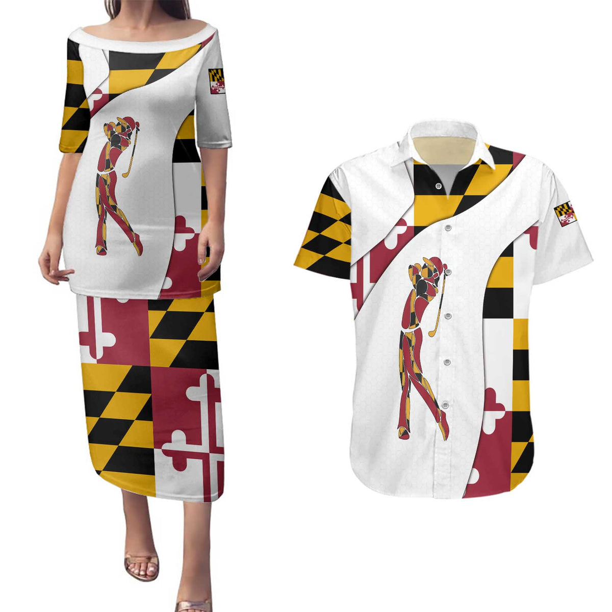 Golf Player Silhouette Couples Matching Puletasi and Hawaiian Shirt Maryland Flag Pattern and Custom Name Panel Design - Wonder Print Shop