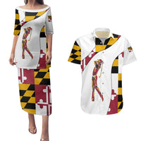 Golf Player Silhouette Couples Matching Puletasi and Hawaiian Shirt Maryland Flag Pattern and Custom Name Panel Design - Wonder Print Shop