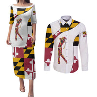 Golf Player Silhouette Couples Matching Puletasi and Long Sleeve Button Shirt Maryland Flag Pattern and Custom Name Panel Design - Wonder Print Shop