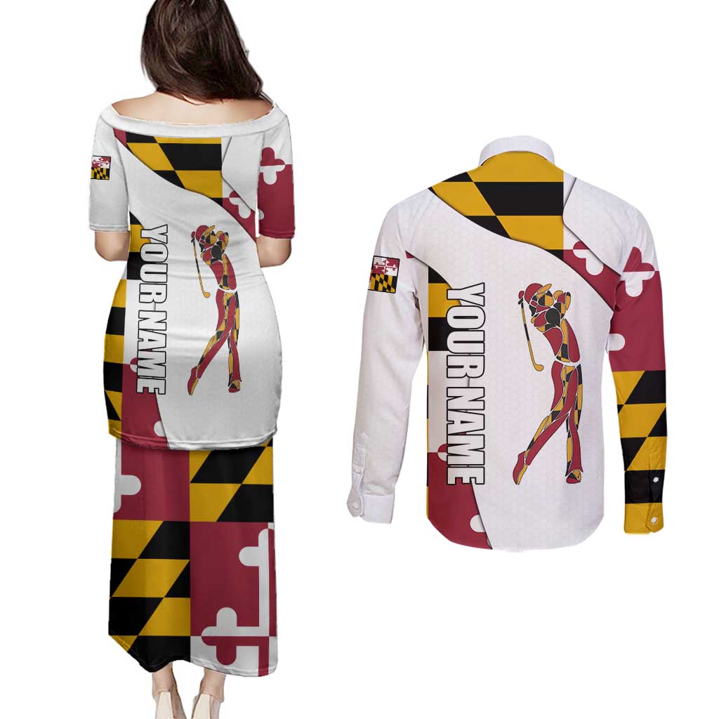 Golf Player Silhouette Couples Matching Puletasi and Long Sleeve Button Shirt Maryland Flag Pattern and Custom Name Panel Design - Wonder Print Shop