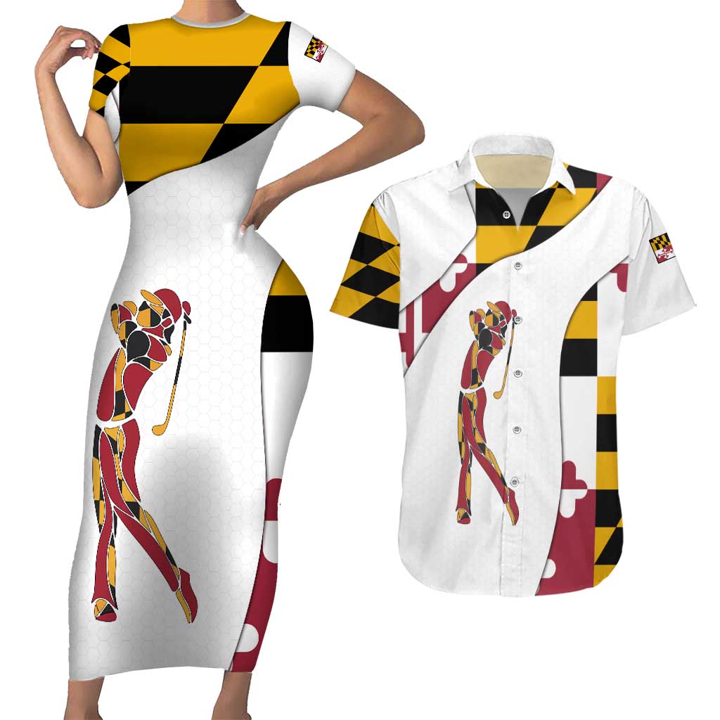 Golf Player Silhouette Couples Matching Short Sleeve Bodycon Dress and Hawaiian Shirt Maryland Flag Pattern and Custom Name Panel Design - Wonder Print Shop