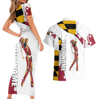 Golf Player Silhouette Couples Matching Short Sleeve Bodycon Dress and Hawaiian Shirt Maryland Flag Pattern and Custom Name Panel Design - Wonder Print Shop