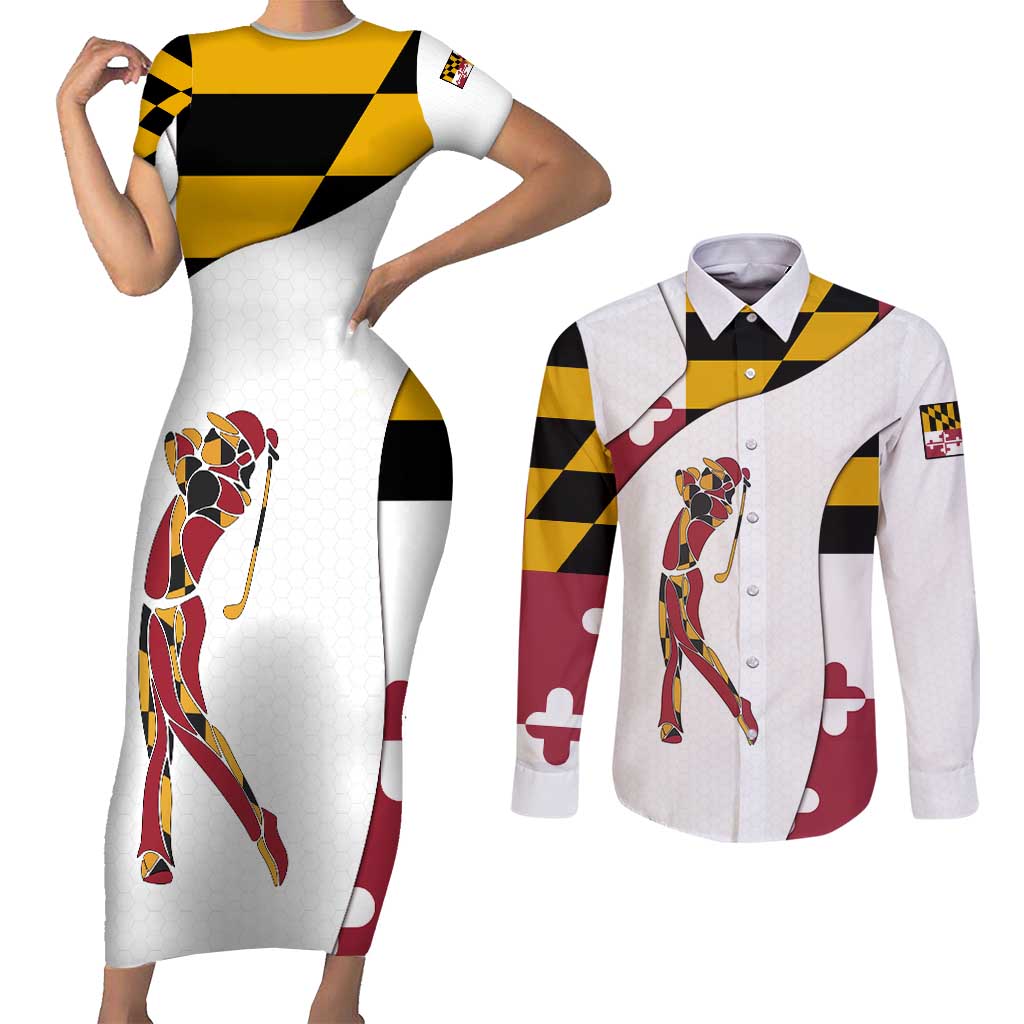 Golf Player Silhouette Couples Matching Short Sleeve Bodycon Dress and Long Sleeve Button Shirt Maryland Flag Pattern and Custom Name Panel Design - Wonder Print Shop