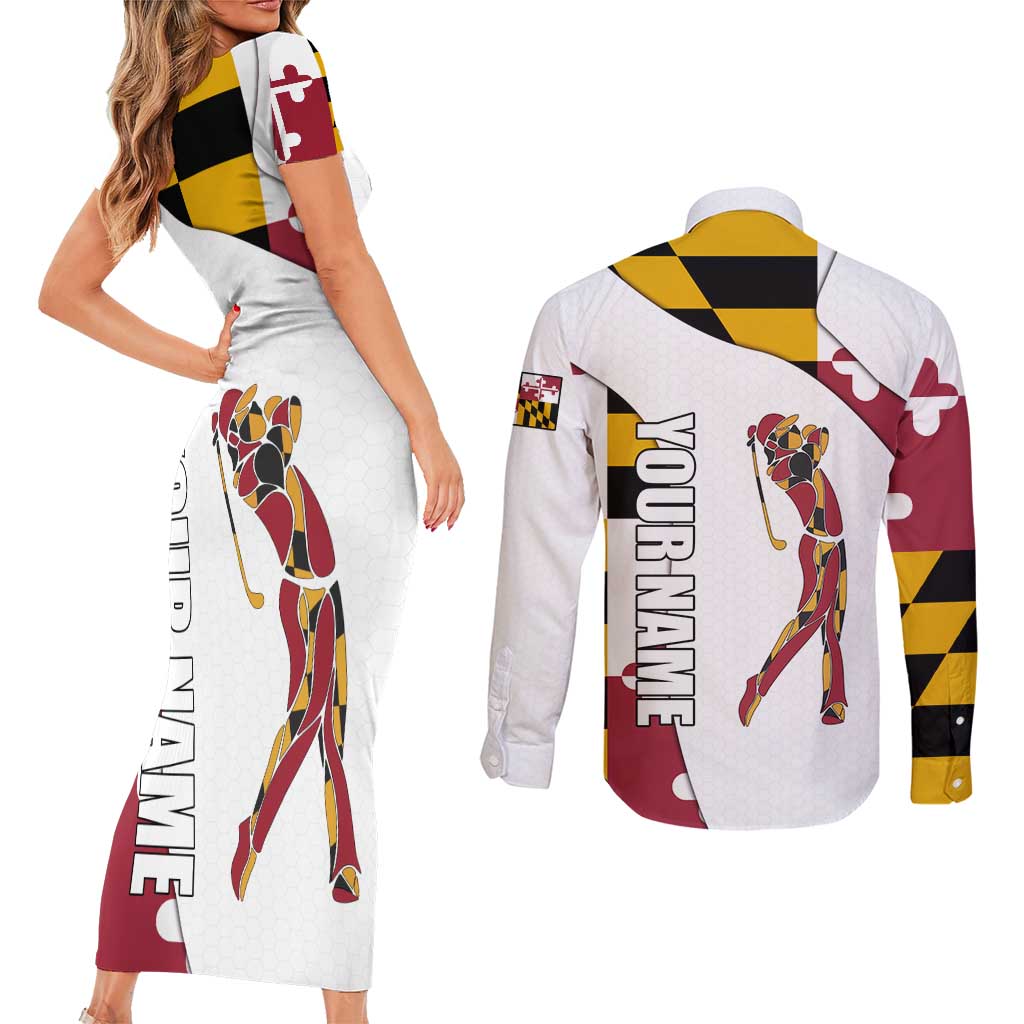 Golf Player Silhouette Couples Matching Short Sleeve Bodycon Dress and Long Sleeve Button Shirt Maryland Flag Pattern and Custom Name Panel Design - Wonder Print Shop