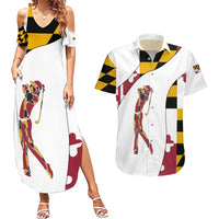 Golf Player Silhouette Couples Matching Summer Maxi Dress and Hawaiian Shirt Maryland Flag Pattern and Custom Name Panel Design - Wonder Print Shop
