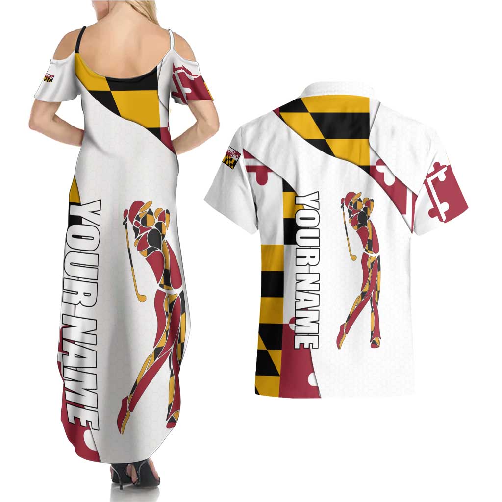 Golf Player Silhouette Couples Matching Summer Maxi Dress and Hawaiian Shirt Maryland Flag Pattern and Custom Name Panel Design - Wonder Print Shop