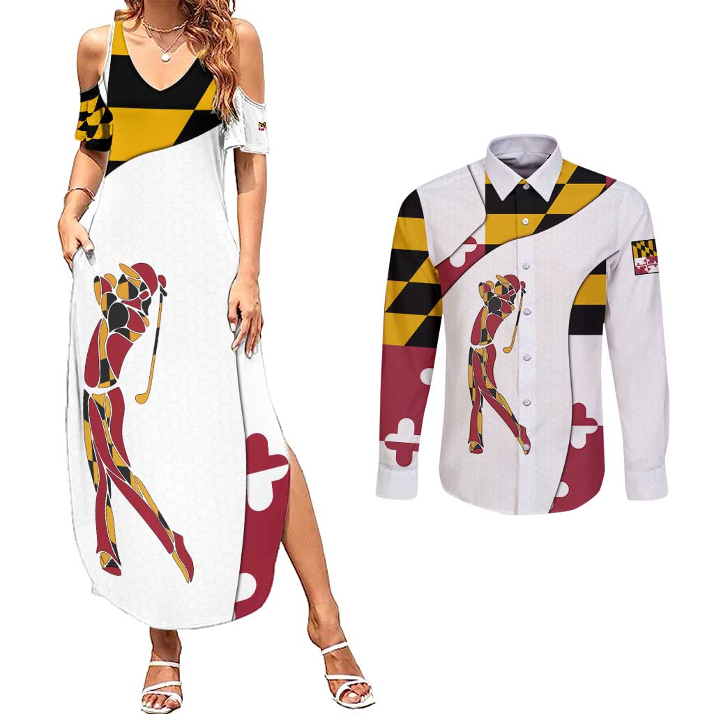 Golf Player Silhouette Couples Matching Summer Maxi Dress and Long Sleeve Button Shirt Maryland Flag Pattern and Custom Name Panel Design - Wonder Print Shop