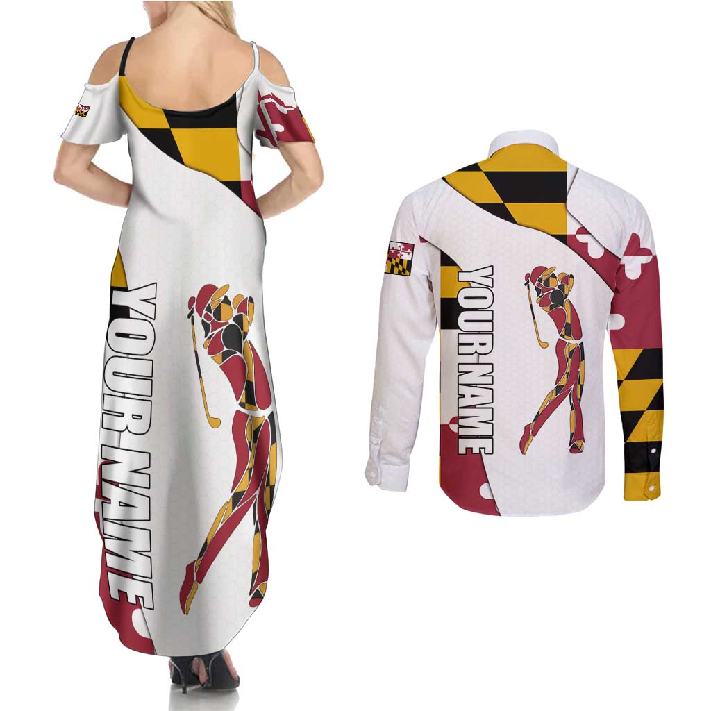 Golf Player Silhouette Couples Matching Summer Maxi Dress and Long Sleeve Button Shirt Maryland Flag Pattern and Custom Name Panel Design - Wonder Print Shop