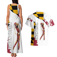 Golf Player Silhouette Couples Matching Tank Maxi Dress and Hawaiian Shirt Maryland Flag Pattern and Custom Name Panel Design - Wonder Print Shop