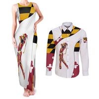 Golf Player Silhouette Couples Matching Tank Maxi Dress and Long Sleeve Button Shirt Maryland Flag Pattern and Custom Name Panel Design - Wonder Print Shop