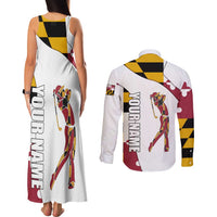 Golf Player Silhouette Couples Matching Tank Maxi Dress and Long Sleeve Button Shirt Maryland Flag Pattern and Custom Name Panel Design - Wonder Print Shop